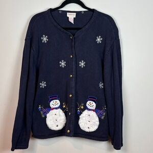 Crystal Kobe‎ Womens Blue Cotton Snowman Embroidered Ugly Christmas Sweater XL